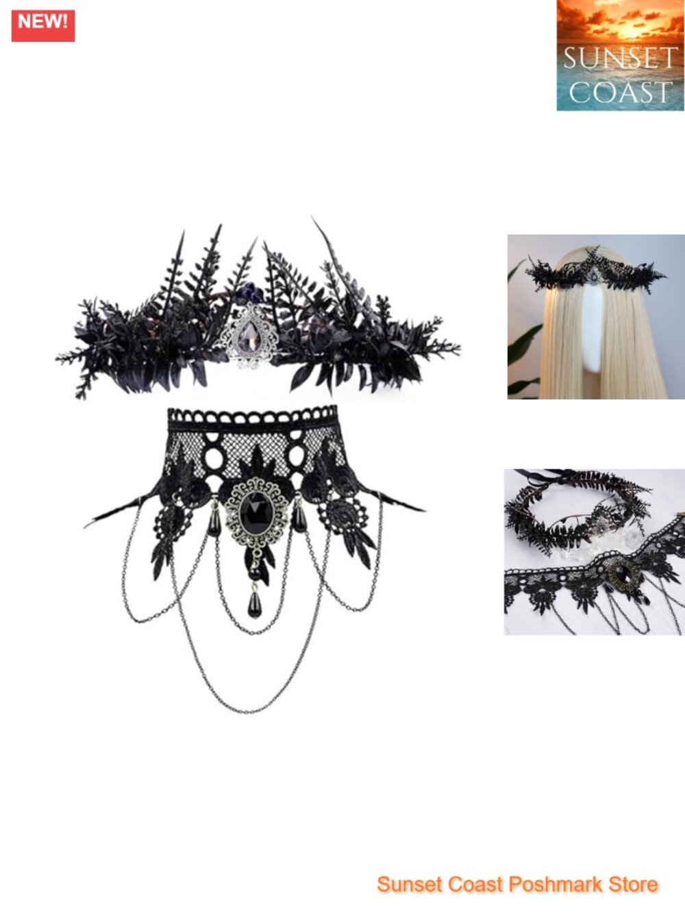 Gothic Renaissance King Crown and Lace Choker Set for Women Wiccan Witch
